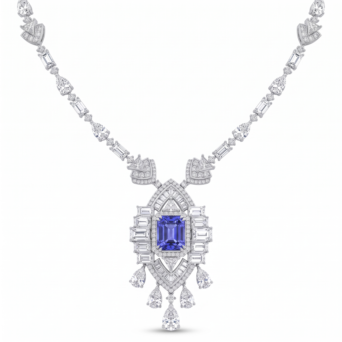 Royal Blue Emerald-Cut American Diamond Jewelry Set in 925 Sterling Silver