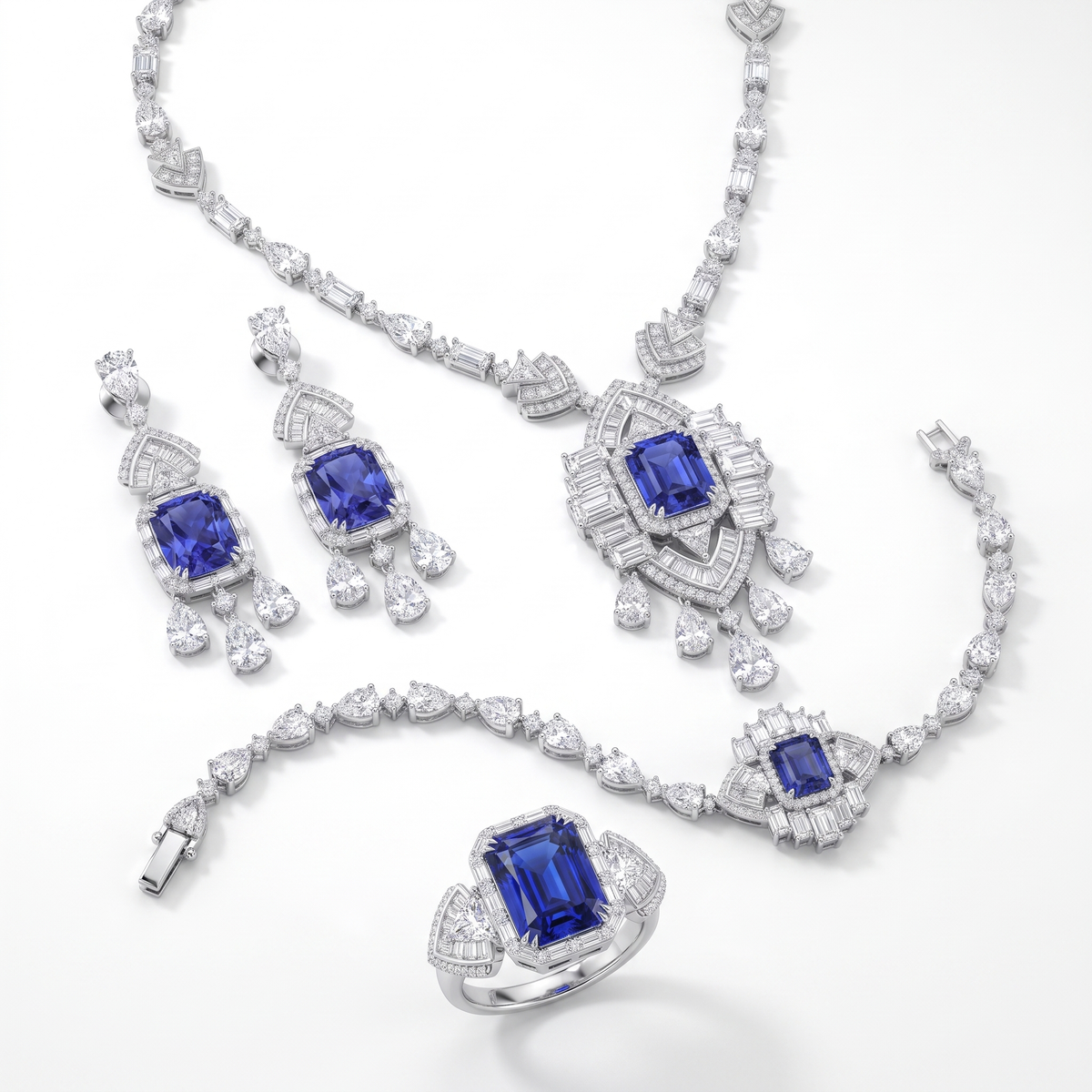 Royal Blue Emerald-Cut American Diamond Jewelry Set in 925 Sterling Silver Main image