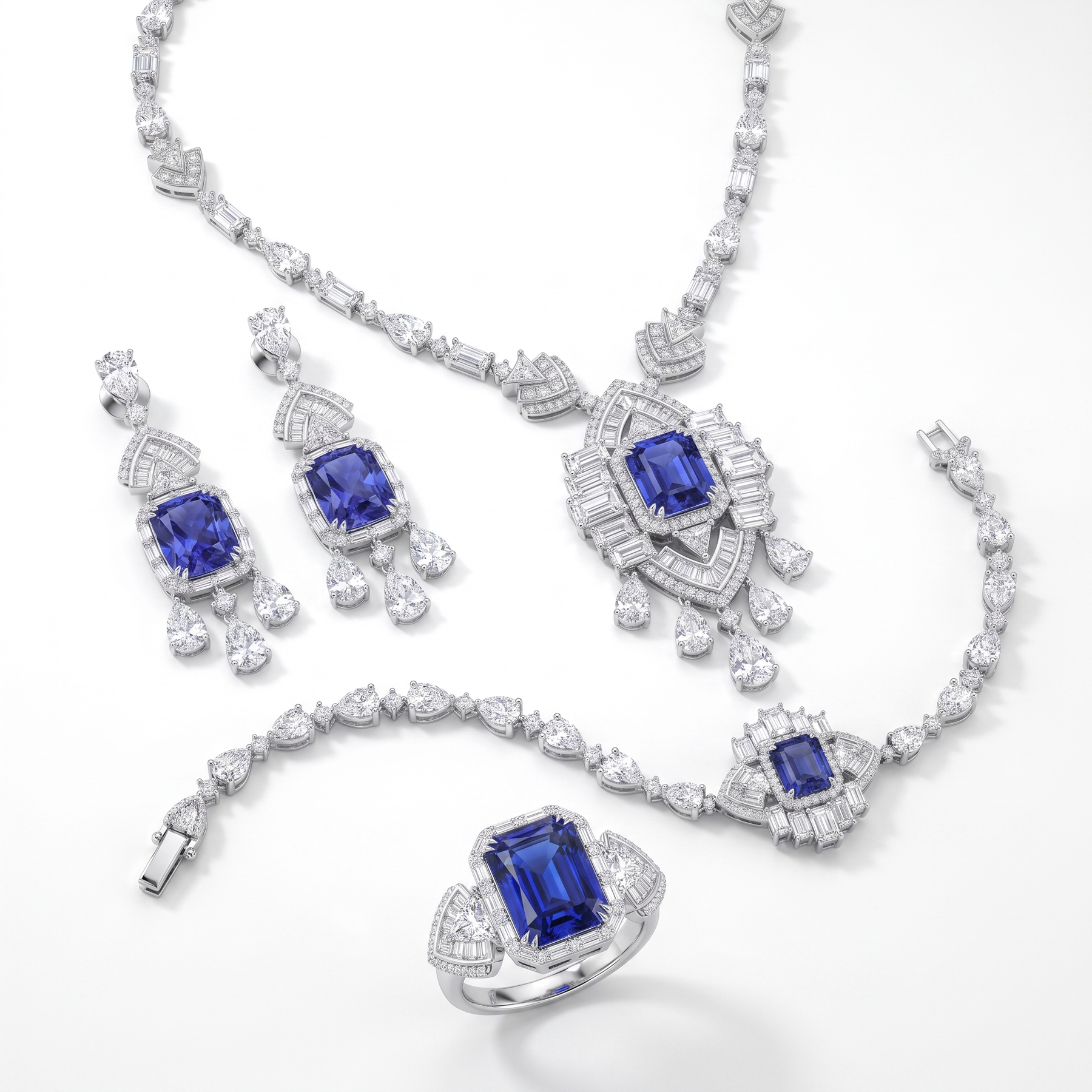 Royal Blue Emerald-Cut American Diamond Jewelry Set in 925 Sterling Silver