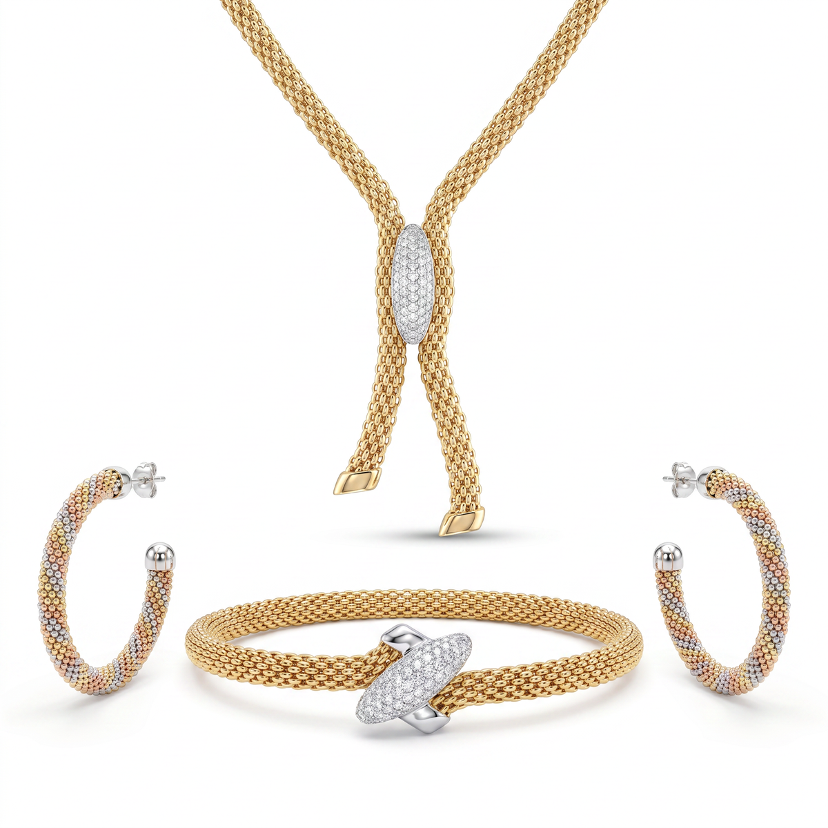 Tri-Color American Diamond Mesh Jewelry Set in 925 Sterling Silver