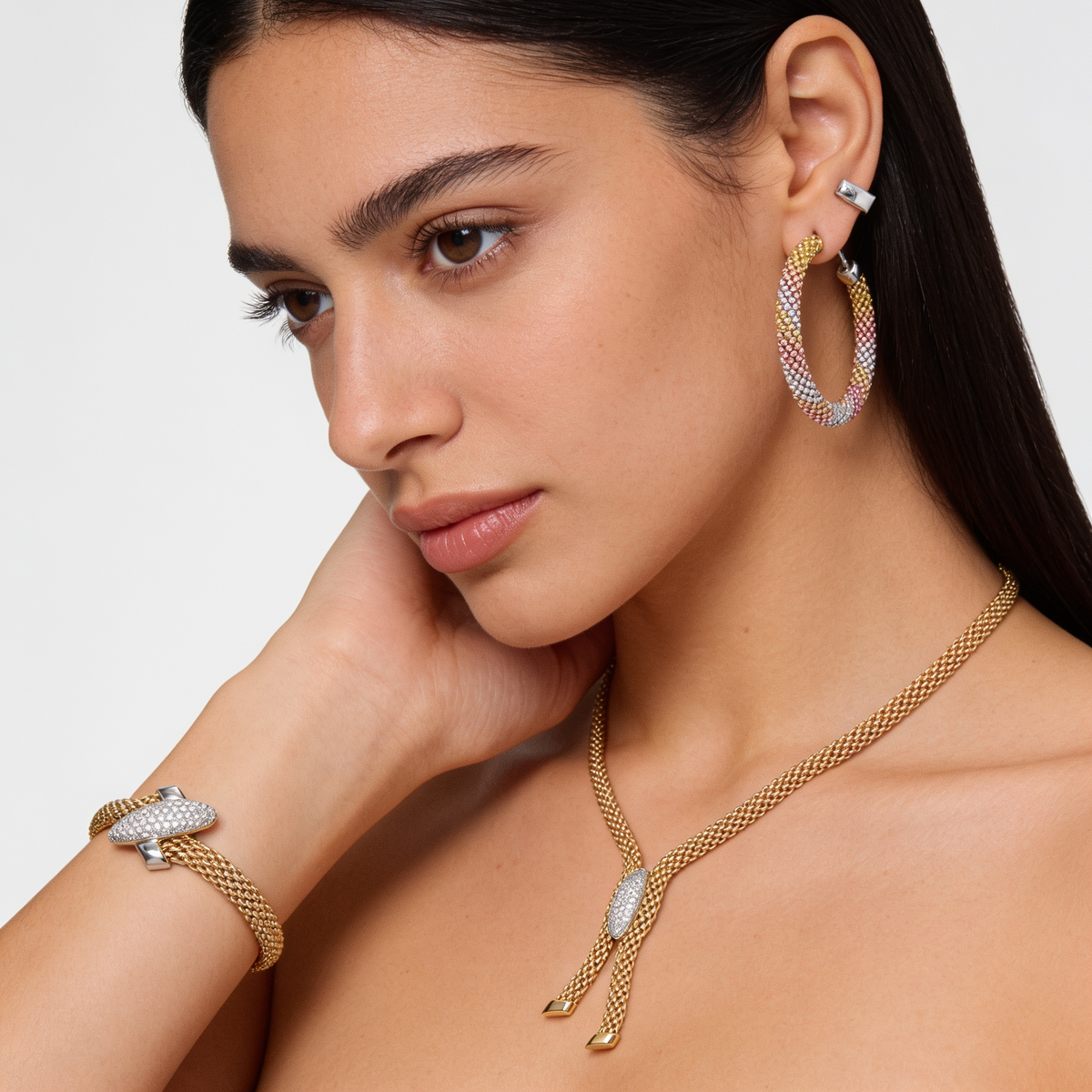 Tri-Color American Diamond Mesh Jewelry Set in 925 Sterling Silver