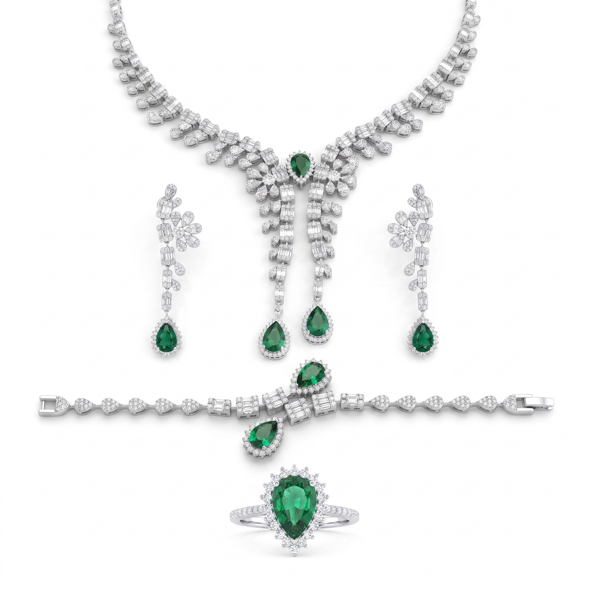 Emerald Green Pear-Cut American Diamond Statement Jewelry Set in 925 Sterling Silver