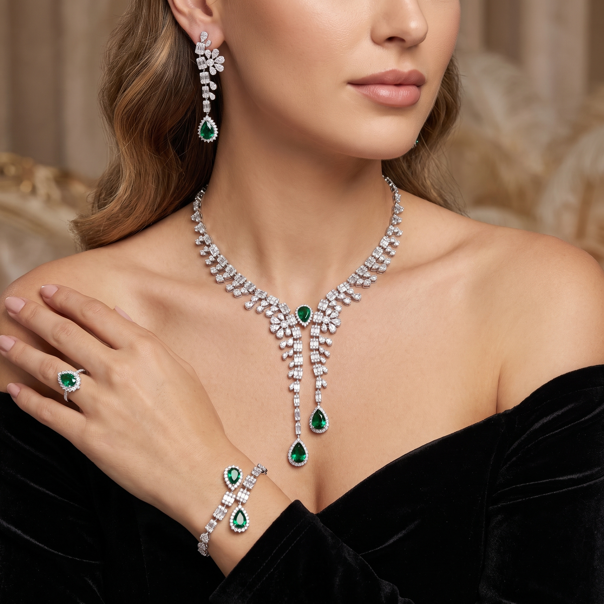 Emerald Green Pear-Cut American Diamond Statement Jewelry Set in 925 Sterling Silver