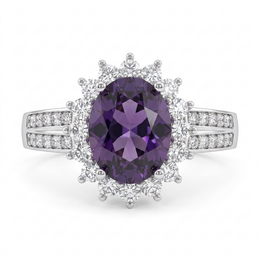 Oval Purple Amethyst Halo Ring with Round Brilliant Accents in 925 Sterling Silver