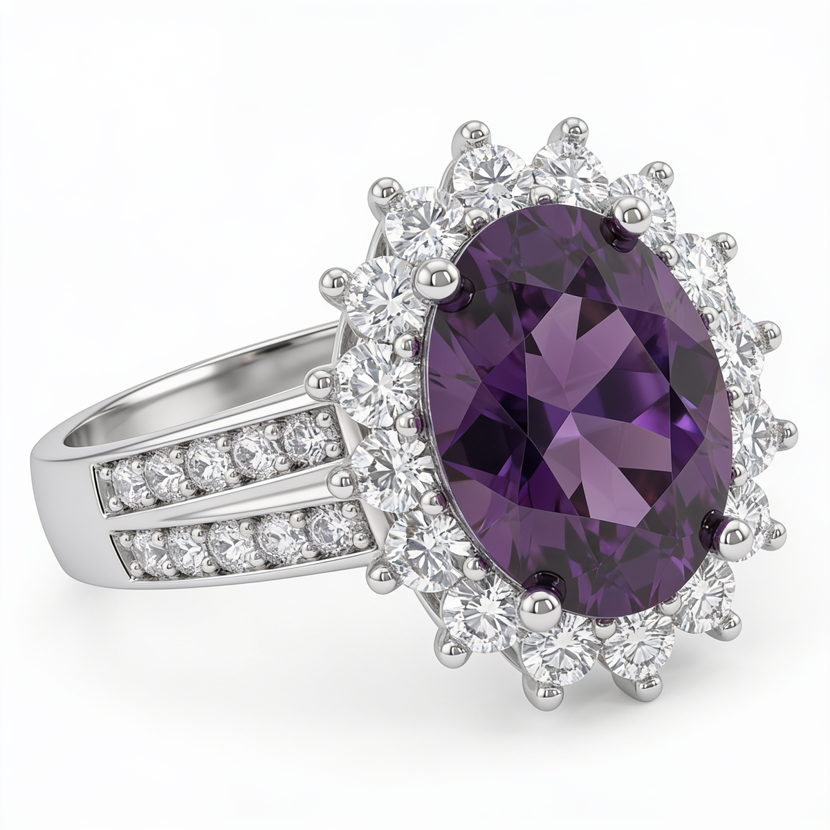 Oval Purple Amethyst Halo Ring with Round Brilliant Accents in 925 Sterling Silver