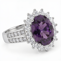 Oval Purple Amethyst Halo Ring with Round Brilliant Accents in 925 Sterling Silver