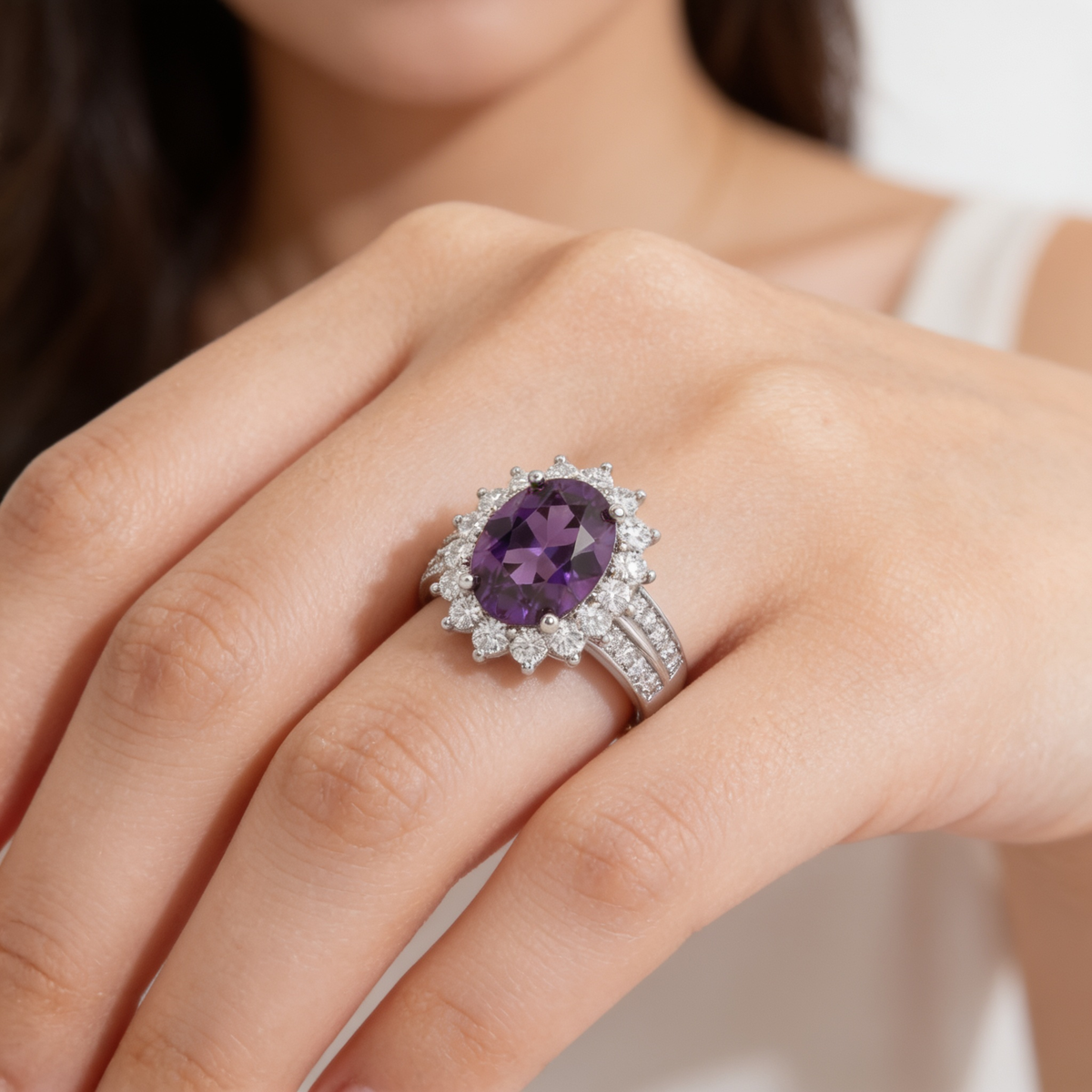 Oval Purple Amethyst Halo Ring with Round Brilliant Accents in 925 Sterling Silver