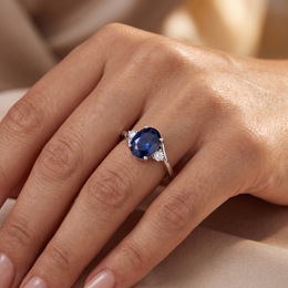 Oval Blue Sapphire Three-Stone Ring in 925 Sterling Silver