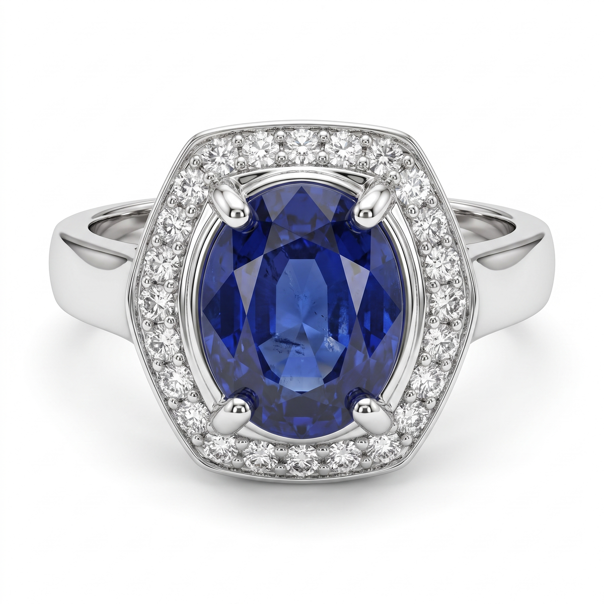 Oval Blue Sapphire Halo Ring in 925 Sterling Silver Main image