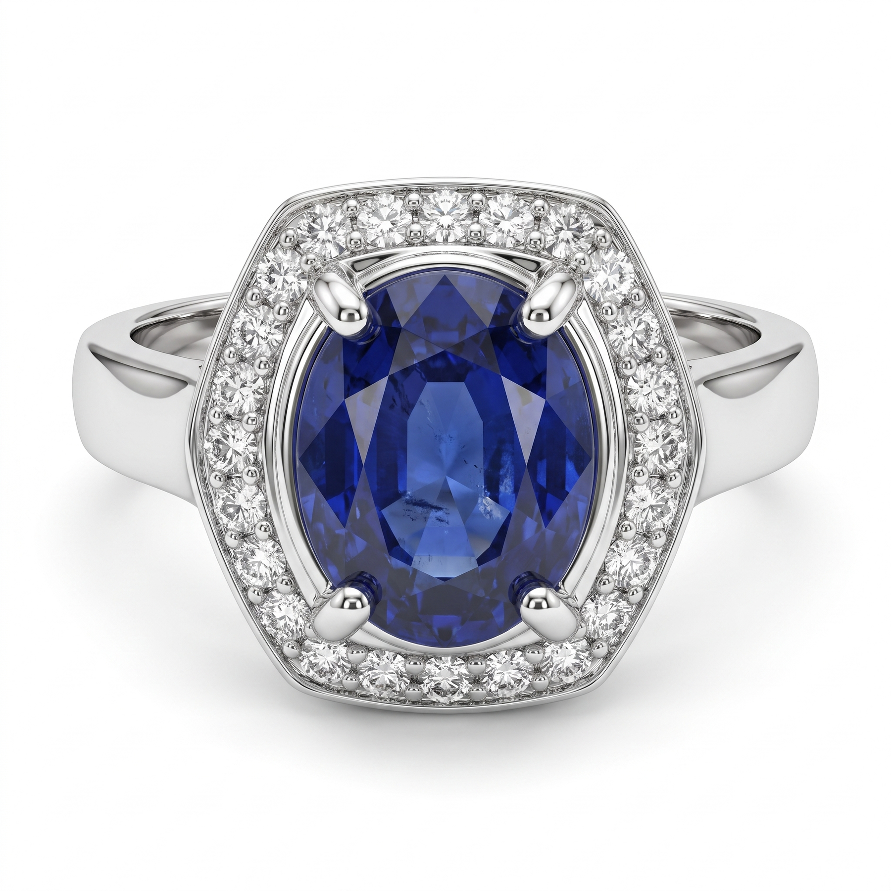 Oval Blue Sapphire Halo Ring in 925 Sterling Silver