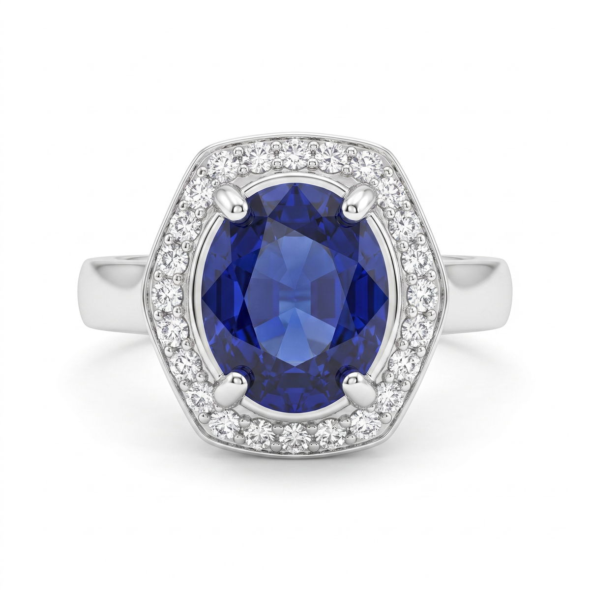Oval Blue Sapphire Halo Ring in 925 Sterling Silver