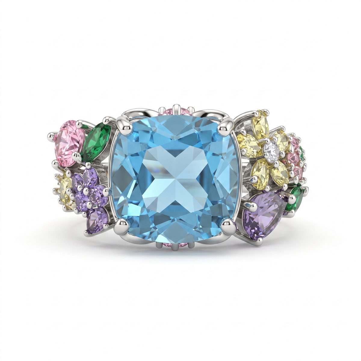 Sky Blue Topaz Multicolor Gemstone Statement Ring in 925 Sterling Silver