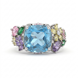 Sky Blue Topaz Multicolor Gemstone Statement Ring in 925 Sterling Silver