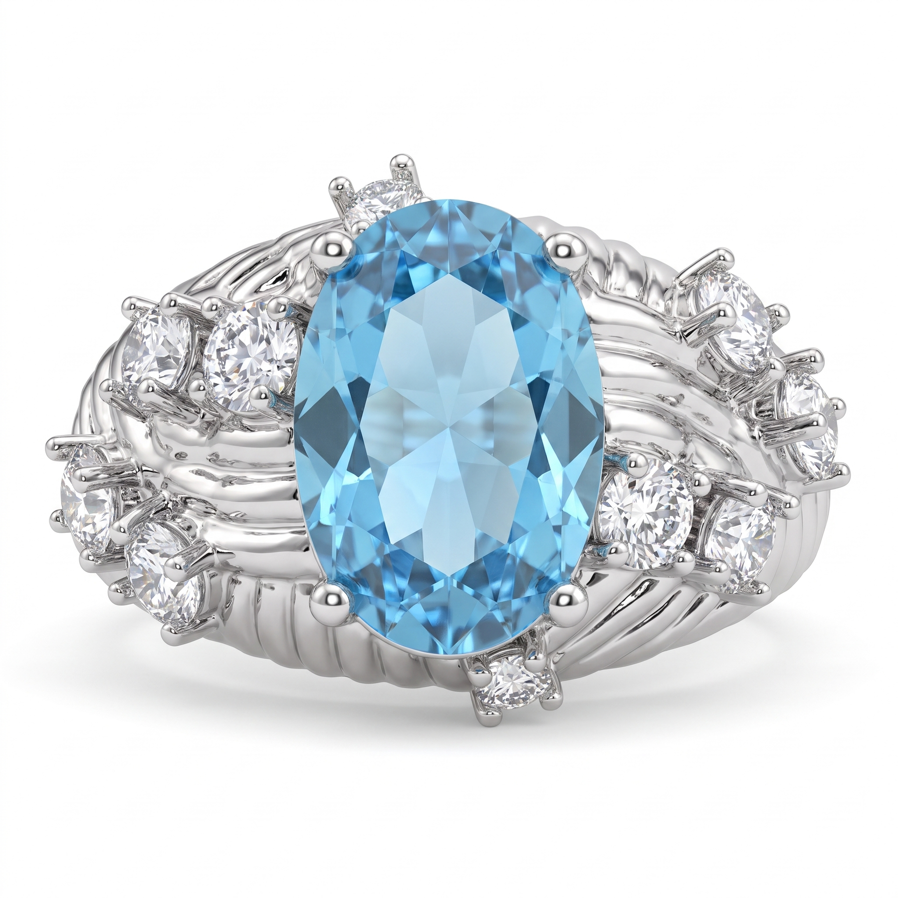 Oval Sky Blue Topaz & White Stone Statement Ring in 925 Sterling Silver