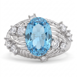 Oval Sky Blue Topaz & White Stone Statement Ring in 925 Sterling Silver