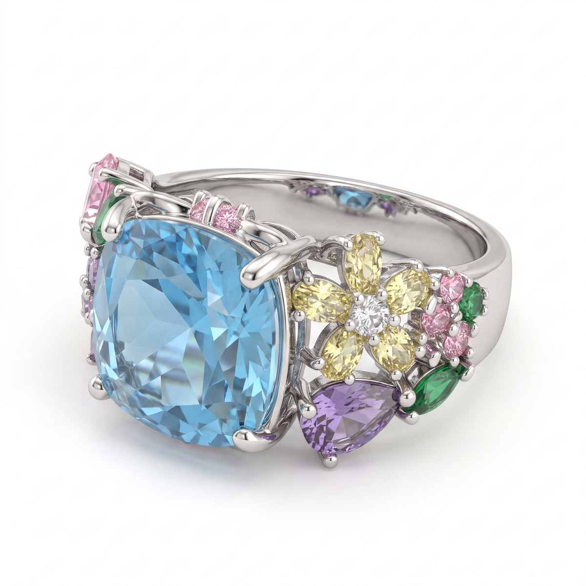 Sky Blue Topaz Multicolor Gemstone Statement Ring in 925 Sterling Silver