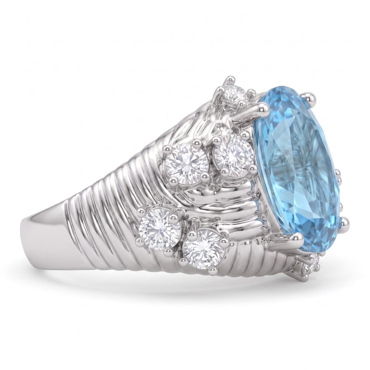 Oval Sky Blue Topaz & White Stone Statement Ring in 925 Sterling Silver