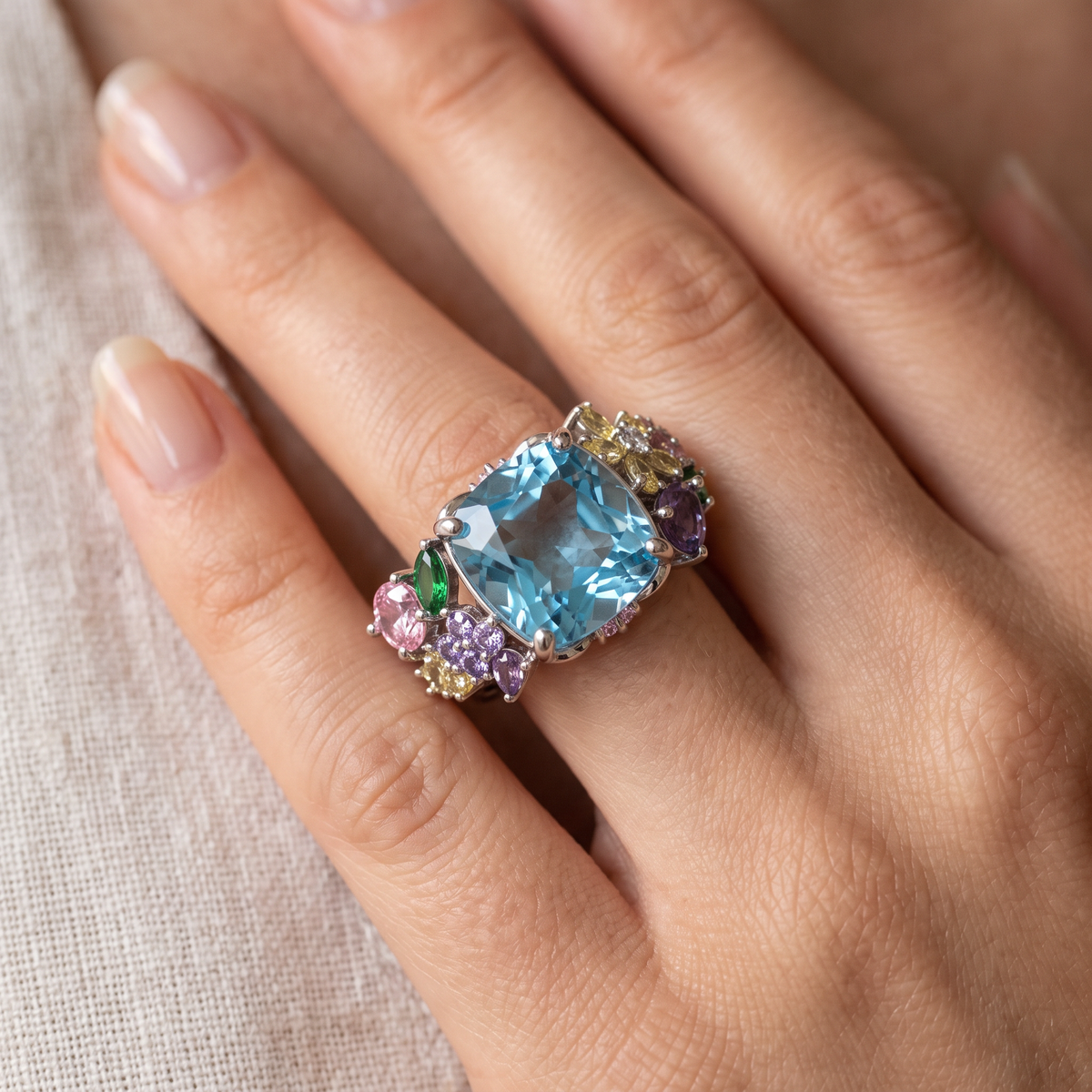 Sky Blue Topaz Multicolor Gemstone Statement Ring in 925 Sterling Silver