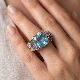 Sky Blue Topaz Multicolor Gemstone Statement Ring in 925 Sterling Silver