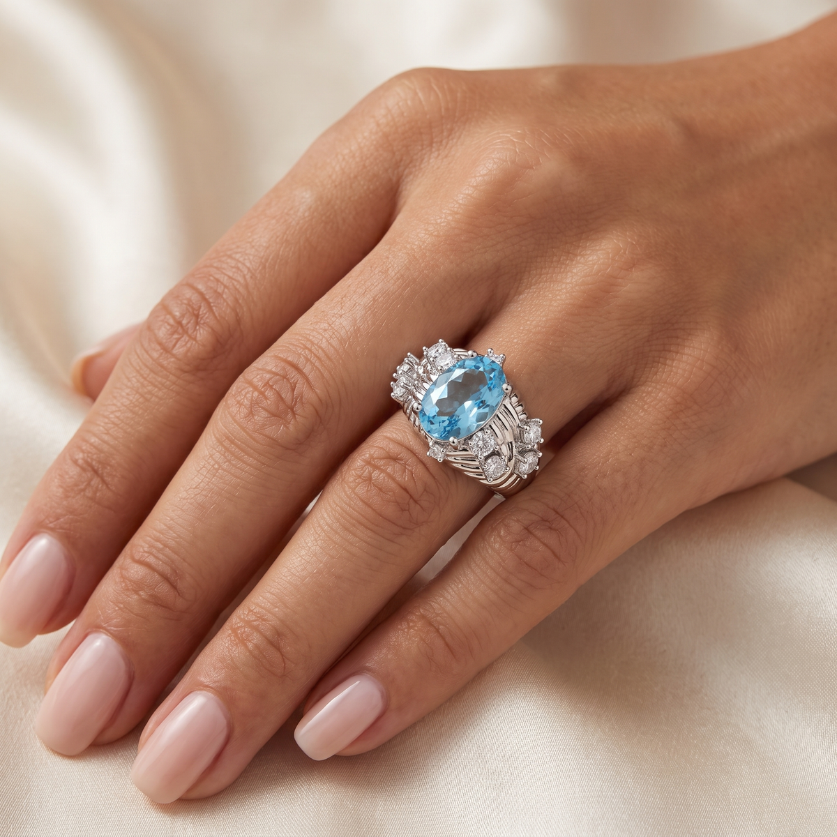 Oval Sky Blue Topaz & White Stone Statement Ring in 925 Sterling Silver
