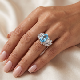 Oval Sky Blue Topaz & White Stone Statement Ring in 925 Sterling Silver
