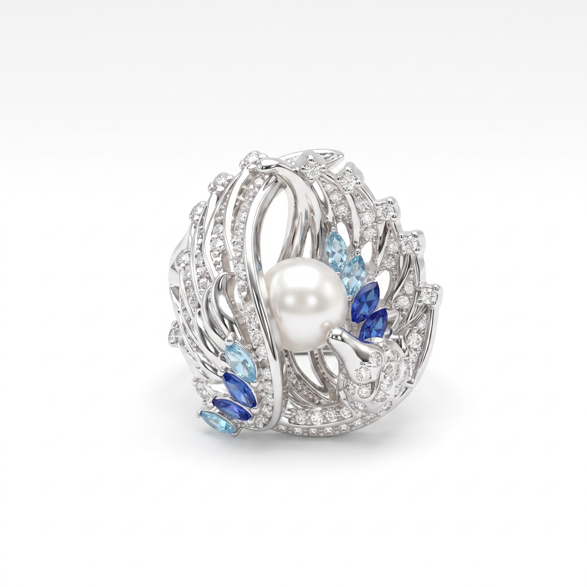 Pearl, Blue Gemstone & White Stone Peacock Statement Ring in 925 Sterling Silver Secondary image
