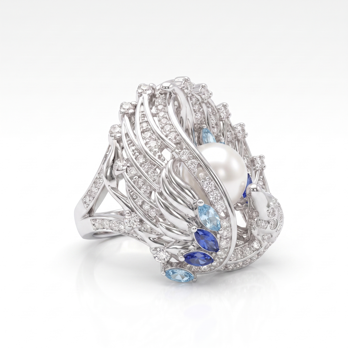 Pearl, Blue Gemstone & White Stone Peacock Statement Ring in 925 Sterling Silver