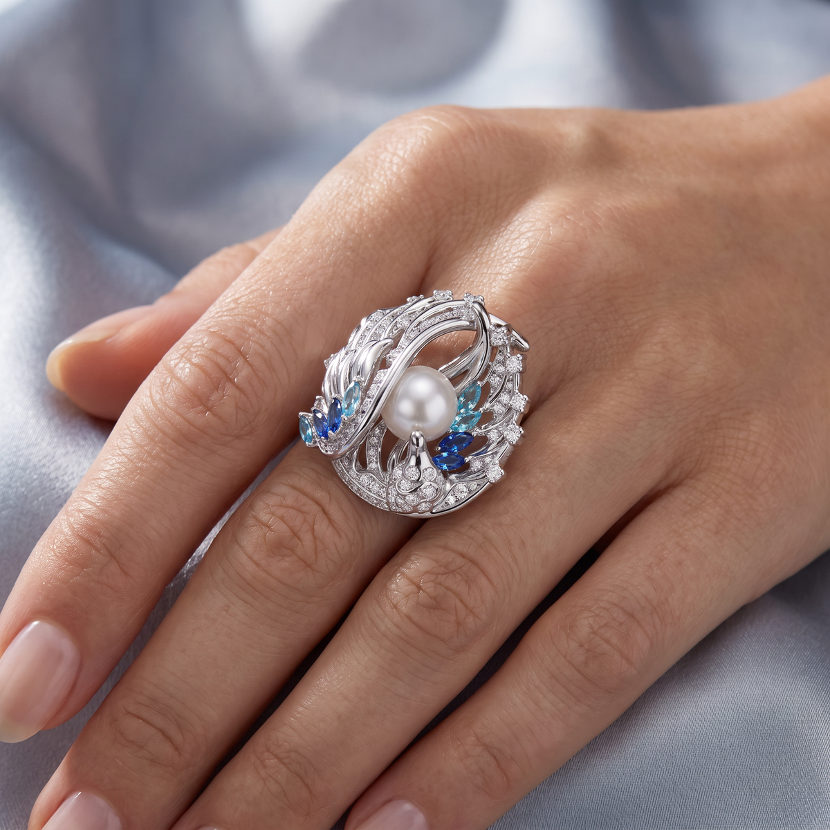 Pearl, Blue Gemstone & White Stone Peacock Statement Ring in 925 Sterling Silver