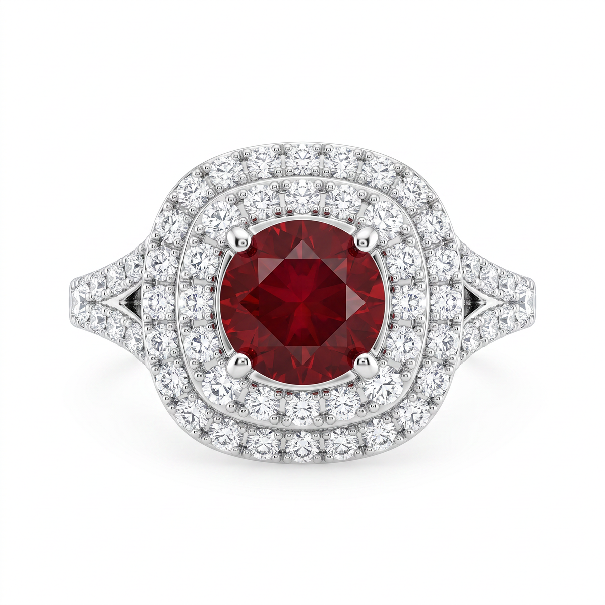 Red Gemstone Double Halo Statement Ring in 925 Sterling Silver