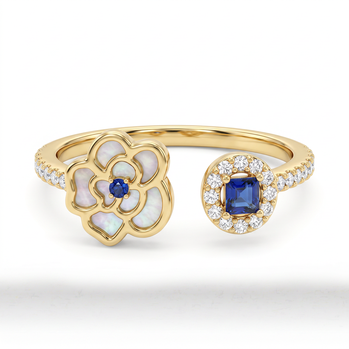 Blue Gemstone & Mother-of-Pearl Floral Open Ring in Gold-Tone 925 Sterling Silver