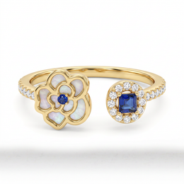 Blue Gemstone & Mother-of-Pearl Floral Open Ring in Gold-Tone 925 Sterling Silver