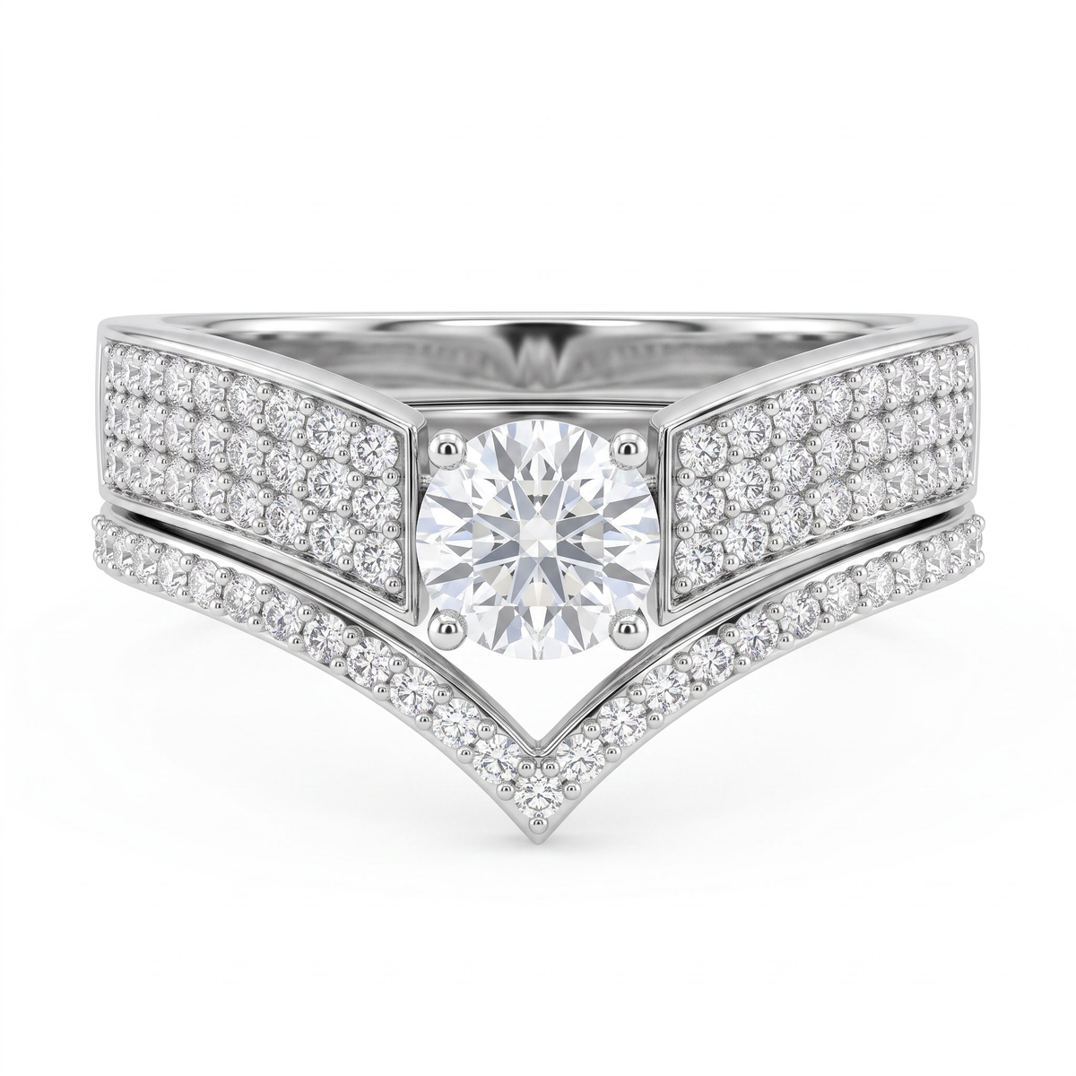 Round White Stone V-Shaped Pavé Statement Ring in 925 Sterling Silver