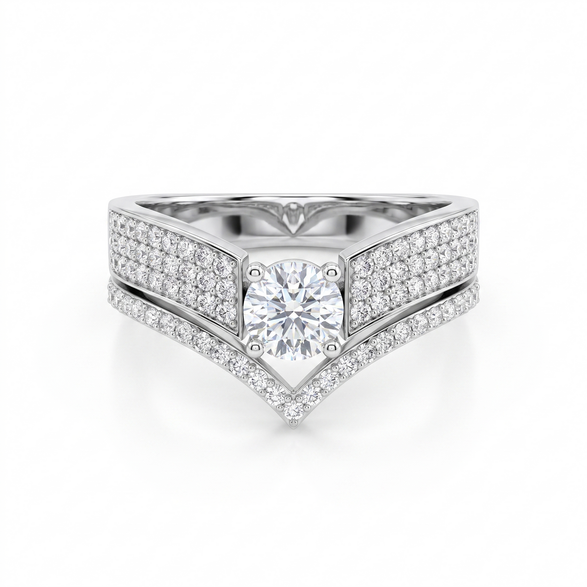Round White Stone V-Shaped Pavé Statement Ring in 925 Sterling Silver