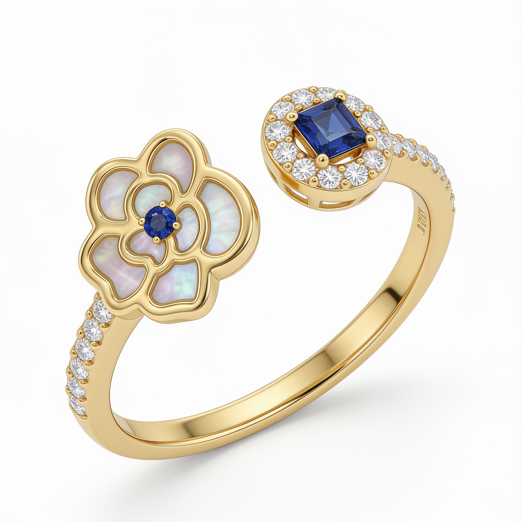 Blue Gemstone & Mother-of-Pearl Floral Open Ring in Gold-Tone 925 Sterling Silver