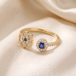 Blue Gemstone & Mother-of-Pearl Floral Open Ring in Gold-Tone 925 Sterling Silver