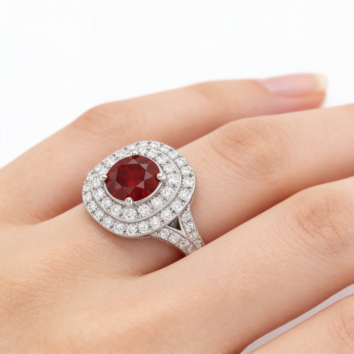 Red Gemstone Double Halo Statement Ring in 925 Sterling Silver