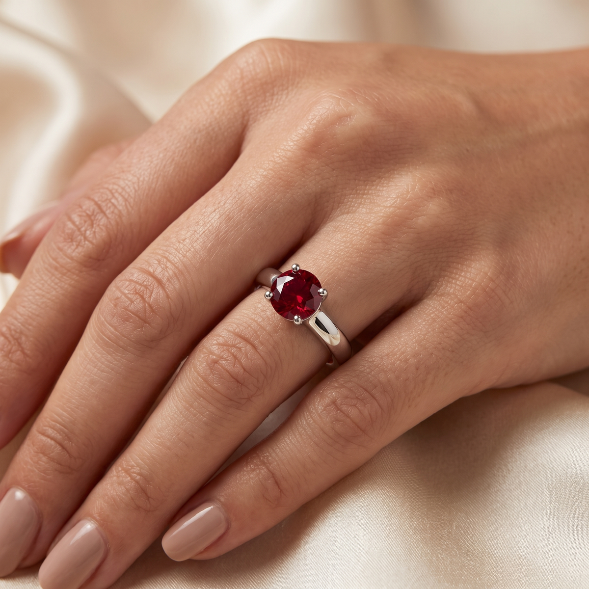 Round Red Gemstone Solitaire Ring in 925 Sterling Silver