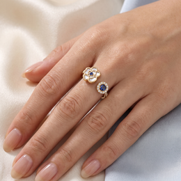 Blue Gemstone & Mother-of-Pearl Floral Open Ring in Gold-Tone 925 Sterling Silver