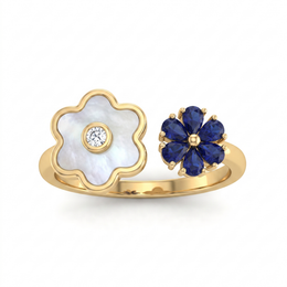 Mother of Pearl & Blue Stone Floral Open Ring in 925 Sterling Silver