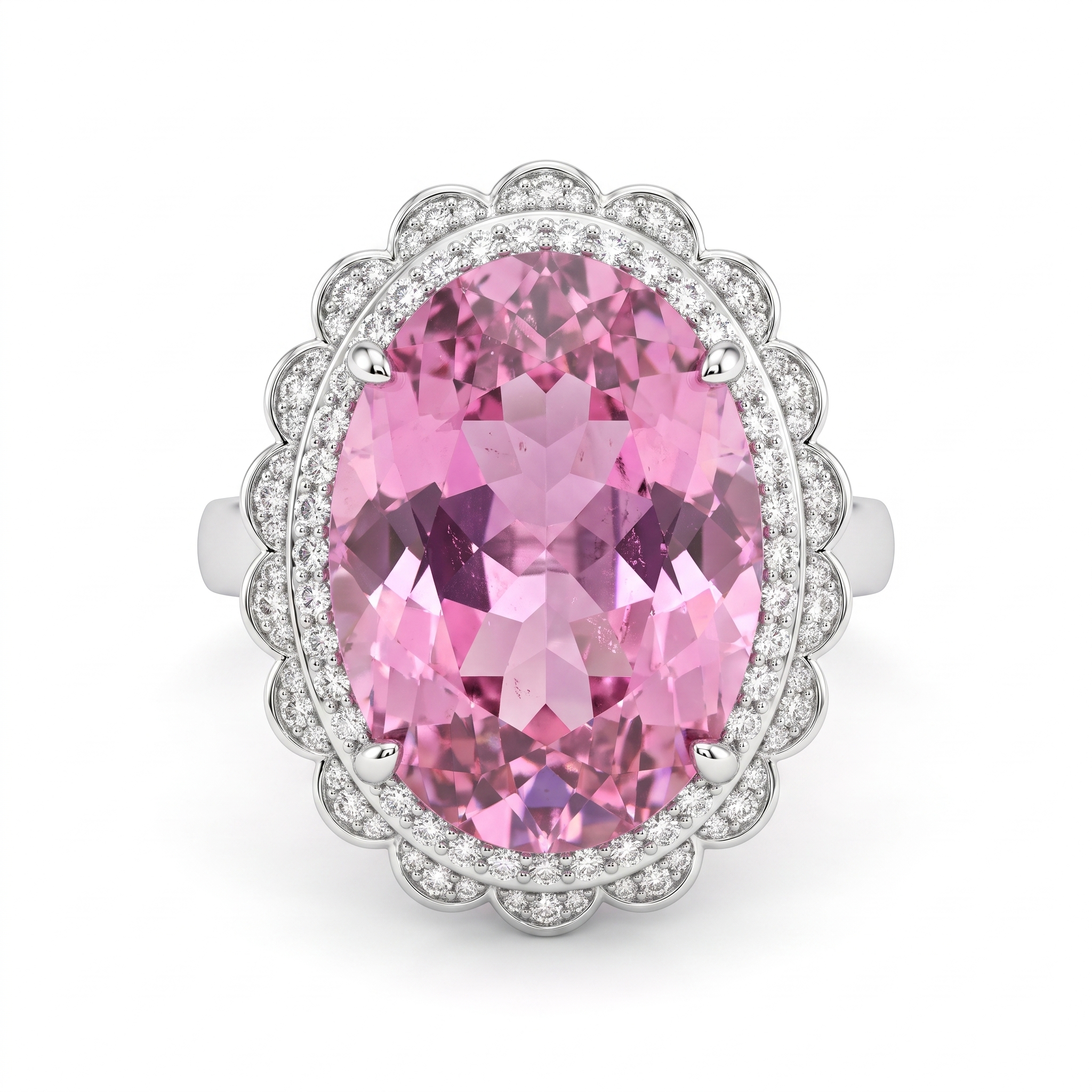 Pink Oval Stone Double Halo Statement Ring in 925 Sterling Silver Secondary image