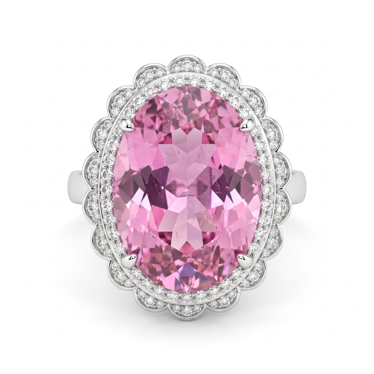 Pink Oval Stone Double Halo Statement Ring in 925 Sterling Silver