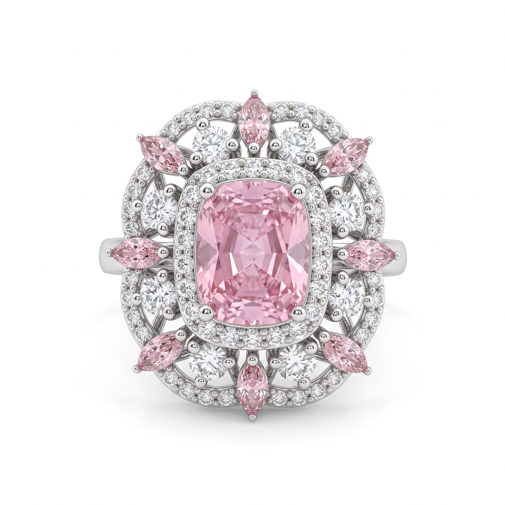 Pink Cushion-Cut Floral Halo Statement Ring in 925 Sterling Silver Secondary image