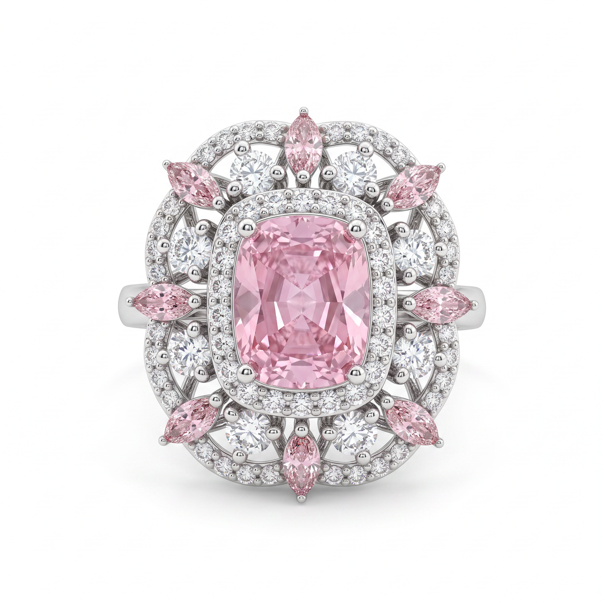 Pink Cushion-Cut Floral Halo Statement Ring in 925 Sterling Silver