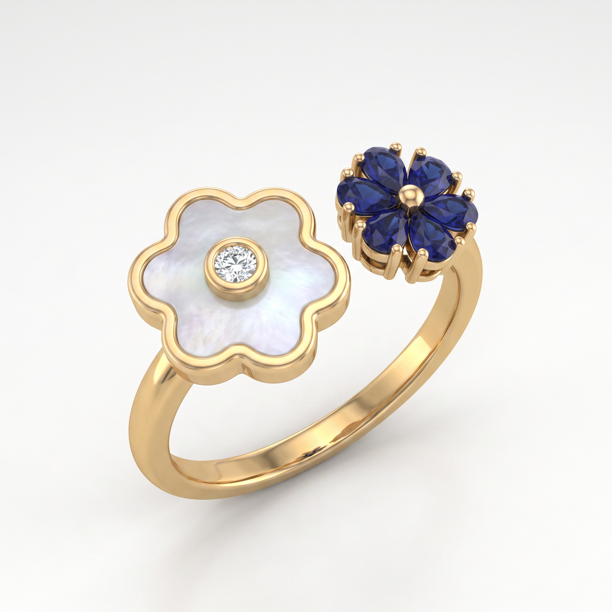 Mother of Pearl & Blue Stone Floral Open Ring in 925 Sterling Silver