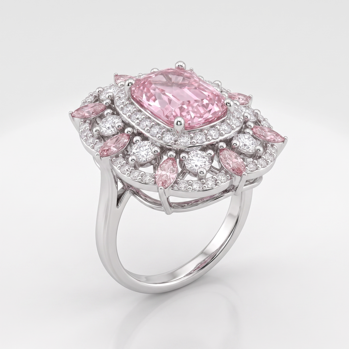 Pink Cushion-Cut Floral Halo Statement Ring in 925 Sterling Silver