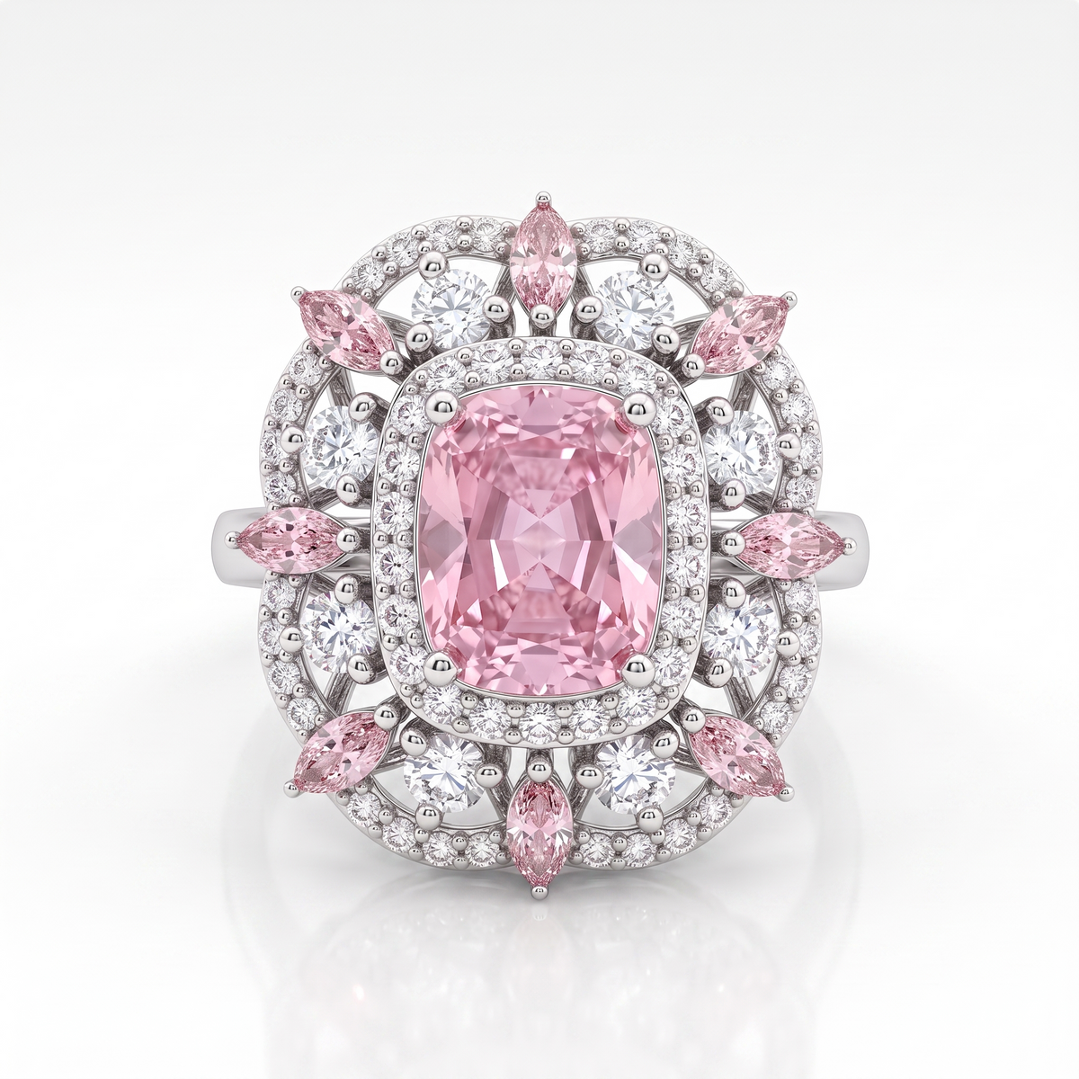 Pink Cushion-Cut Floral Halo Statement Ring in 925 Sterling Silver