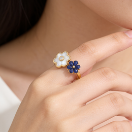 Mother of Pearl & Blue Stone Floral Open Ring in 925 Sterling Silver