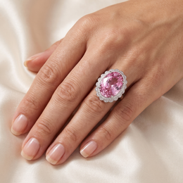 Pink Oval Stone Double Halo Statement Ring in 925 Sterling Silver