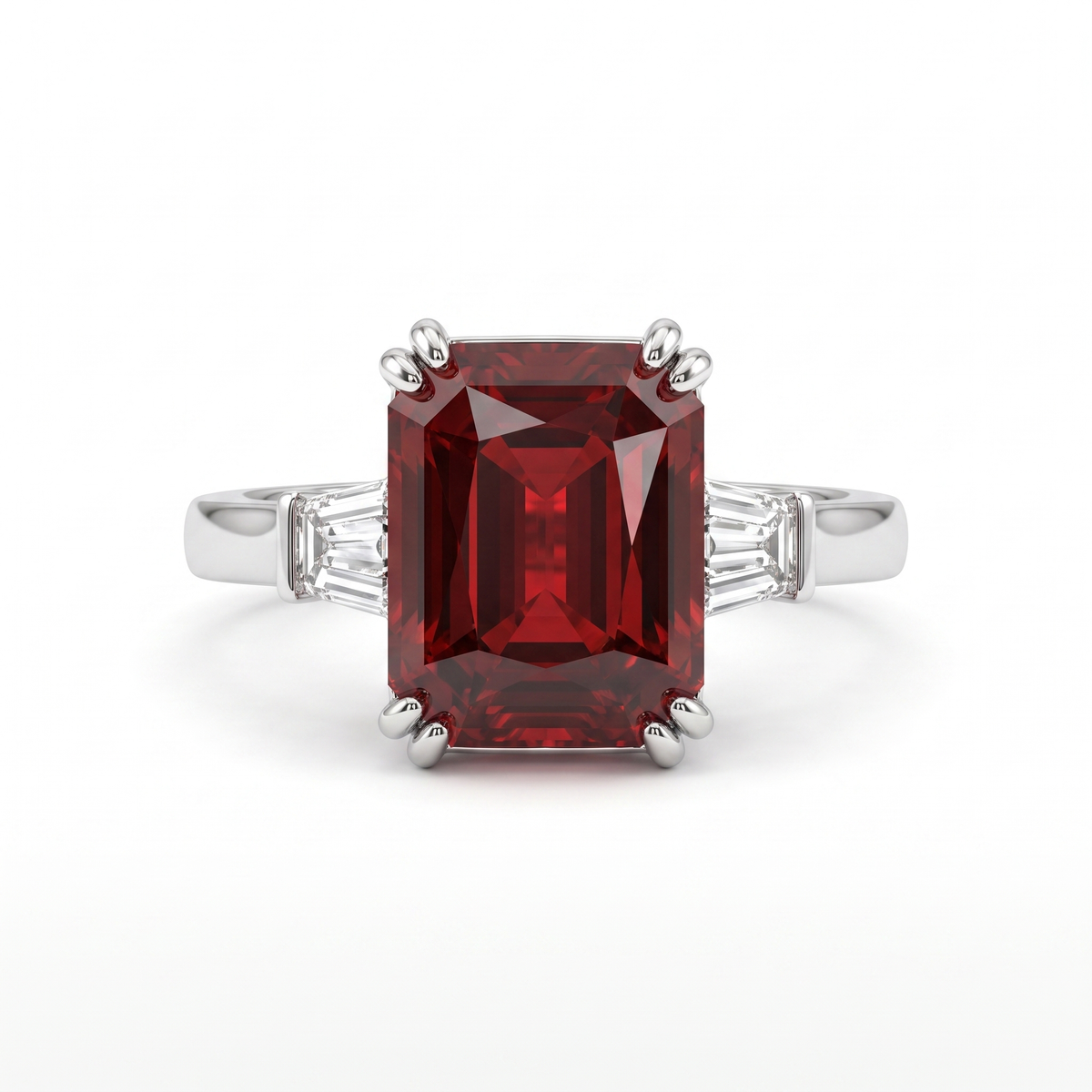 Emerald-Cut Deep Red Stone Three-Stone Ring in 925 Sterling Silver