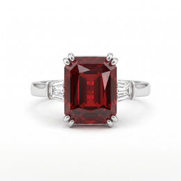 Emerald-Cut Deep Red Stone Three-Stone Ring in 925 Sterling Silver